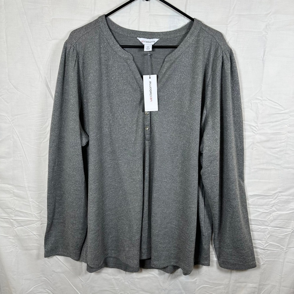 Liz‎ Claiborne Womens 2X Smoke Heather Metallic Henley Long Sleeve Top NWT
